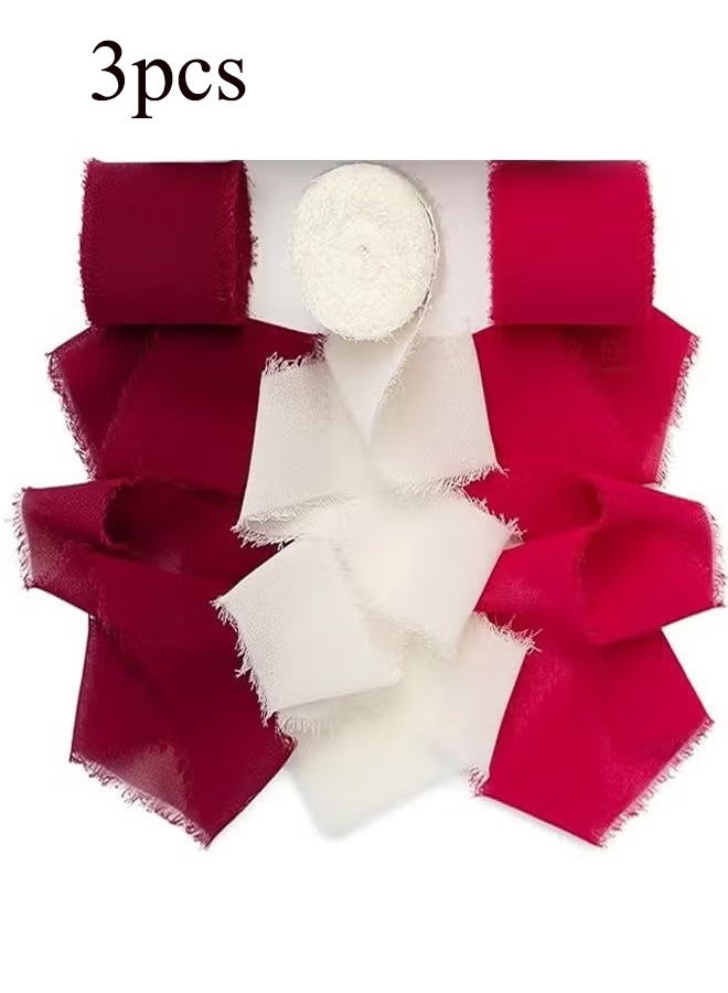YJ 3 Rolls Handmade Red Chiffon Silk Ribbon Handmade Frayed Edge Burgundy & White Ribbons for Gift Wrapping Bridal Bouquets Baby Shower Wedding Invitations - Image 1